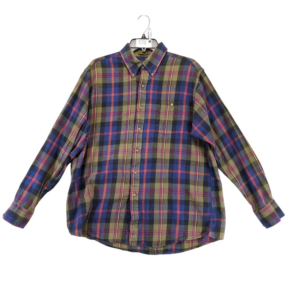 Vtg Boston Traders Plaid Flannel Button Down Shirt Men's L Long Slv‎ Navy Olive